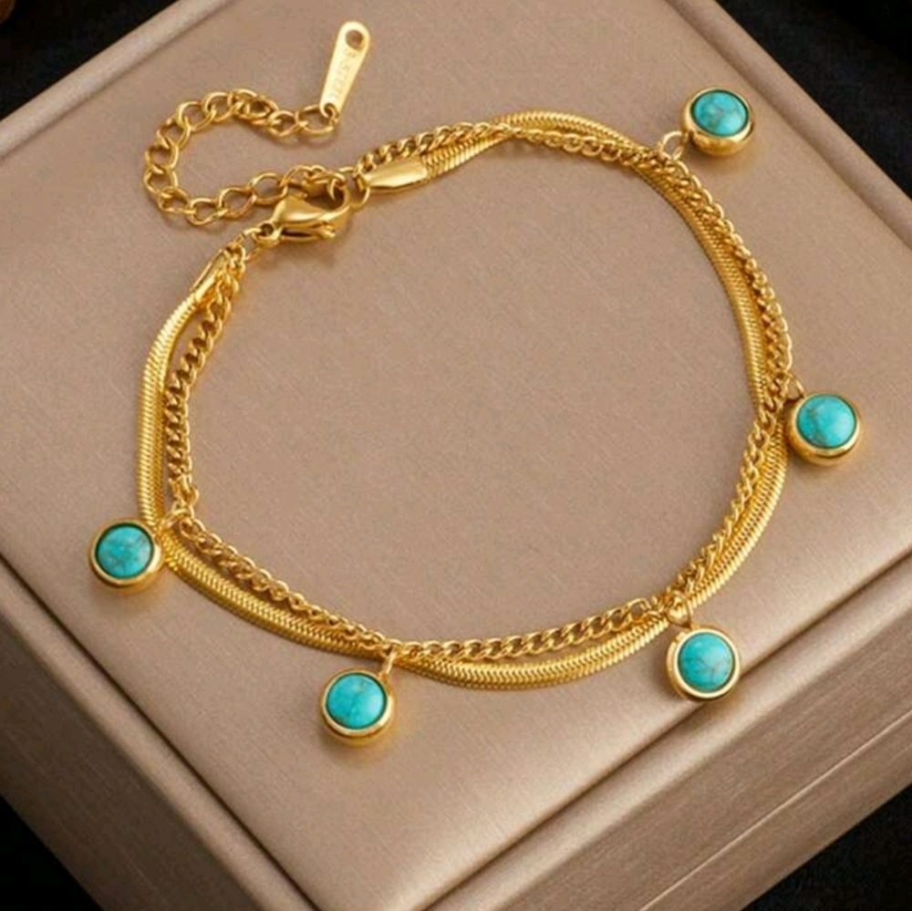 - Womens Turquoise Dangle 18K Gold Plated Stainless Steel Charm Bracelet‎